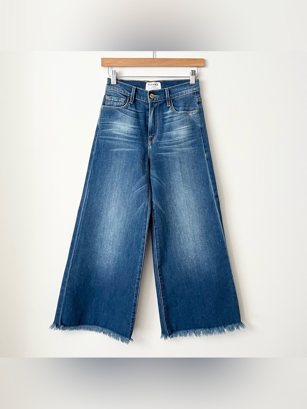 Frame Women's High Rise Wide Leg Jeans Size 24 Blue Denim Frayed Hem Boho Retro